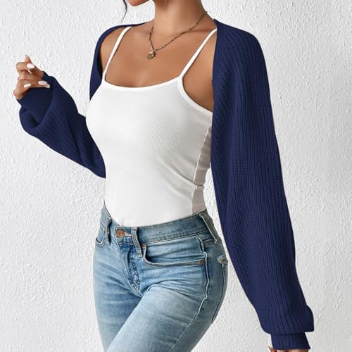 Image of Durio Women Y2K Bolero Shrug Long Sleeve Knit Cropped Cardigan | Stretchy Open Front Sweater with Drop Shoulders, Versatile Style Suits Casual Daily Wear, Travel, Party & Festival Outfits