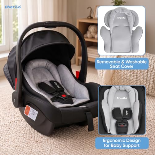 Image of Cherilo Carry Cot for New Born Baby, 4 in 1 Kids Carry Cot, Multipurpose Infant Car Seat & Rocker for Infant Babies of 0 to 15 Months with 3-Point Safety Harness, 13 Kgs Capacity, Black + Grey