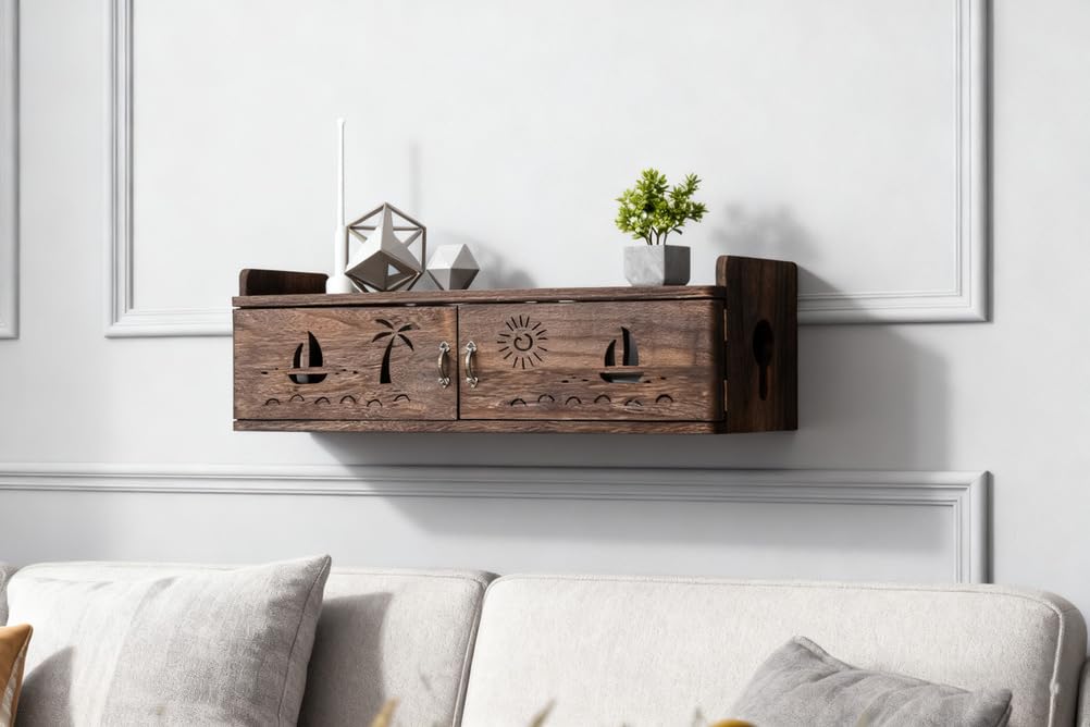 AVSMGP Meuble De Rangement pour Routeur en Bois De Paulownia Grand Meuble Rangement Mural pour Routeur Wi-FI- Étagère Marron Anthracite pour Dissimuler Routeur Et Câbles,58CM/22.8IN