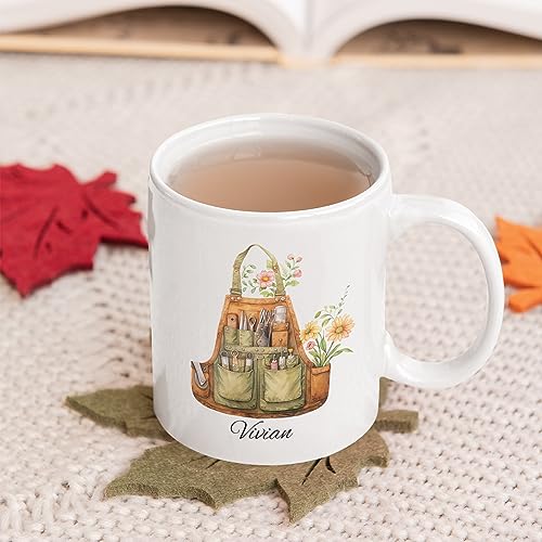 Personalized-Brown-Gardening-Apron-With-Tools-And-Flower-Mug-Customized-Gifts-For-Gardeners-With-Name-Custom-Coffee-Mug-Plant-Lover-Mug-Gift-For-Garden-Lover-Plant-Mug-White-Ceramic-Mug
