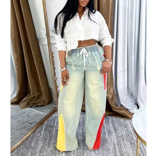 Womens Color Block Patchwork Denim High Waisted Wide Leg Pants Jeans3