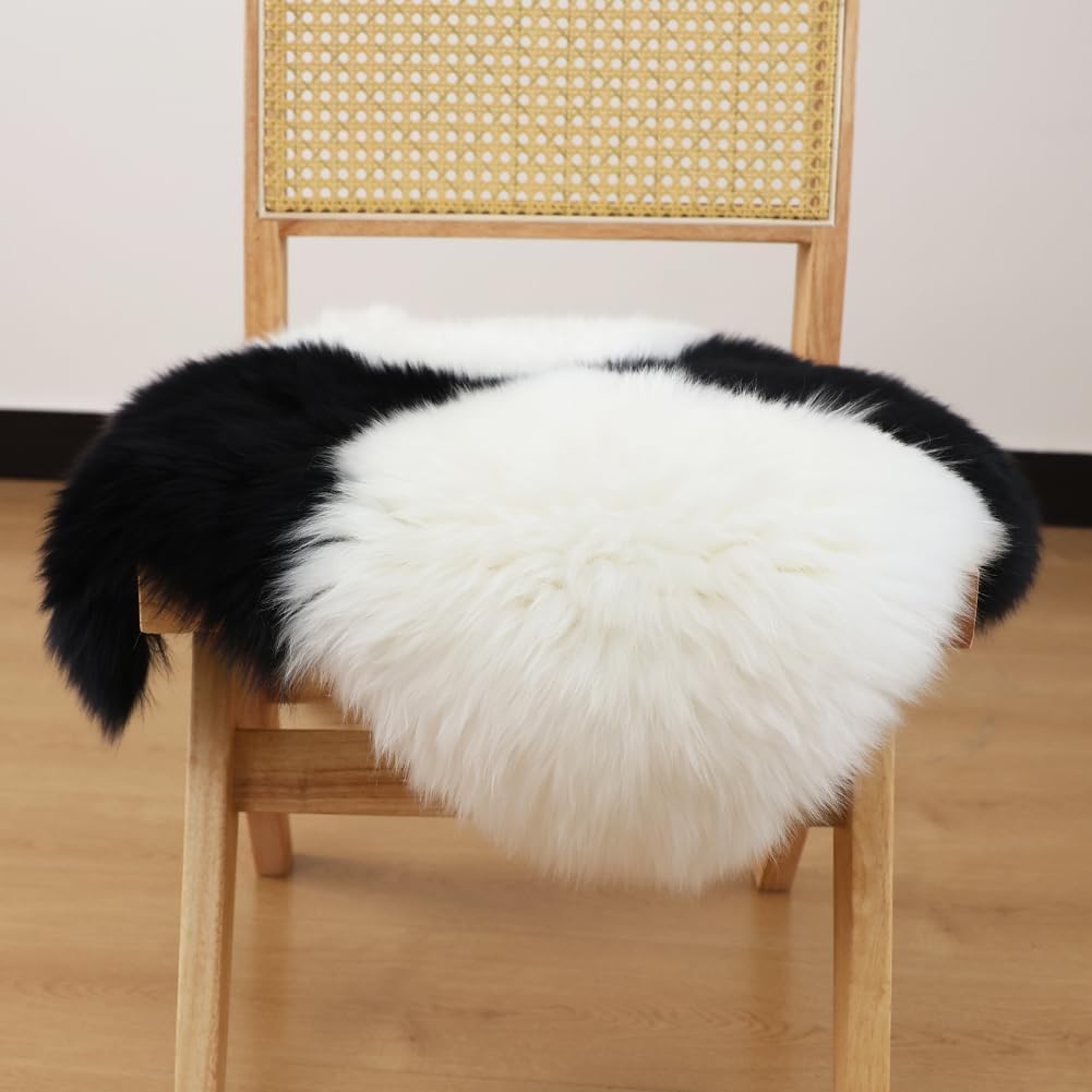 IRIWOOL Square Fur Sheepskin Chair Cover Seat Cushion Pad Super Soft Area Rugs for Living Bedroom Sofa 18" x 18" (Pack of 1), Black & White Plaid