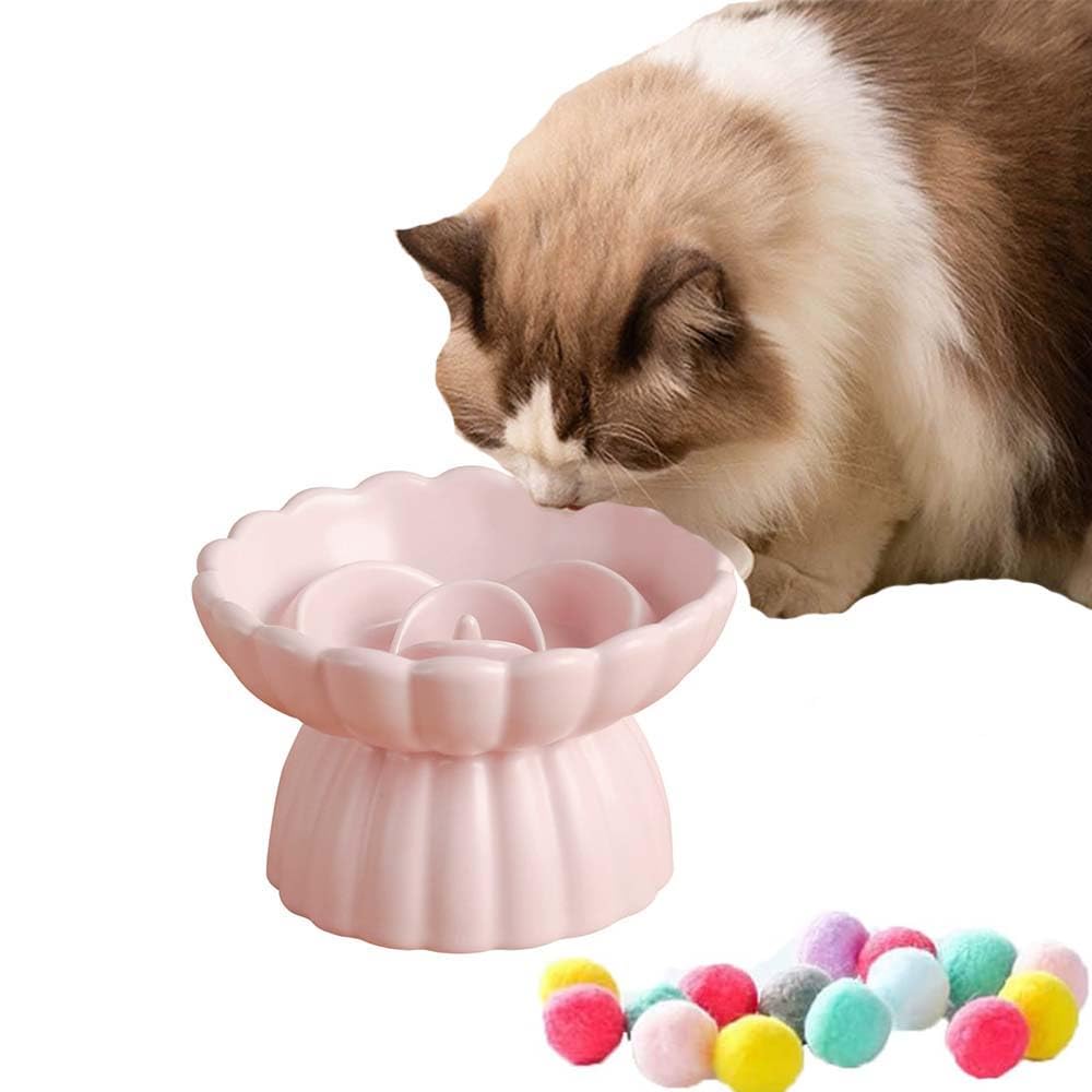 QualfsTerric Ceramic Raised Cat Slow Feeder Bowls Whisker Friendly Anti Vomiting Cat Bowl Raised Rim Spill Proof Slow Eating Food Bowls for Cats Puppy Dogs Food Plates Neck Support (Pink)