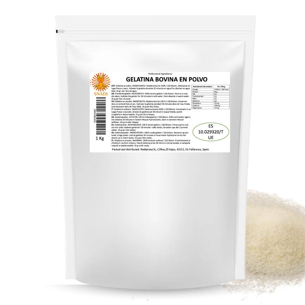 Snadi - Gelatina bovina granulata | 1 kg | 100% pura, senza sapore e qualità professionale | Ricca di amminoacidi precursori del collagene | Pasticceria, dessert e salse | Facile dissoluzione, consist