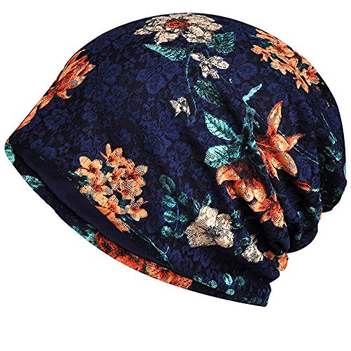 Womens Cotton Beanie Lace Turban Soft Sleep Cap Chemo Hats Fashion Slouchy Hat, Navy Peony, One size
