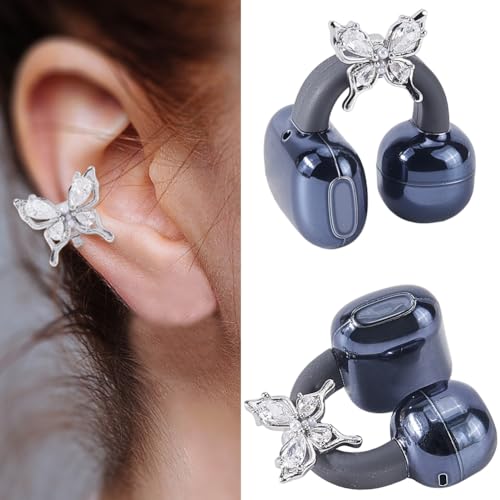 CRASPIRE 2Pcs Butterfly Rhinestone for Clip on Earbuds Open Ear Stylish Decorative Alloy Earphone Accessories Zirconia Removable Exquisite Silver DIY Jewelry Clips Christmas Birthday Festival Gifts