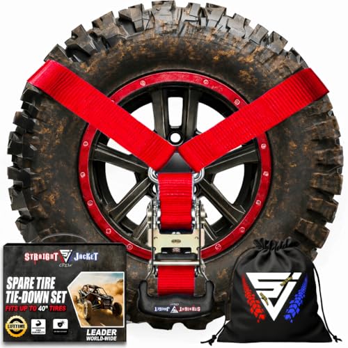 Y Strap for Spare Tire - Heavy Duty Spare Tire Strap for UTV, Offroad Accessories & Roof Rack, 3 Way Ratchet Strap Tie Down- 1.6' Wide, Can Secure Up to 40' Tire by Straight Jacket Crew (Red)