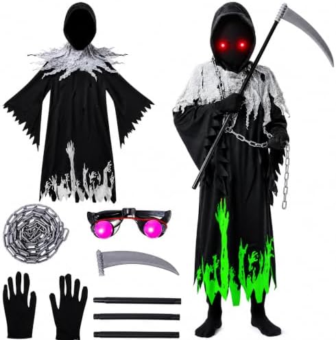 Sunwuun Halloween Sensenmann Kostüm Kinder Jungen, Leuchten Im Dunkeln Halloween Gruselig Zombie Geist Kostüm Kinder für Jungen für 5-6-7-8-9-10-11-12-14 Jahre,110CM-150CM Cosplay
