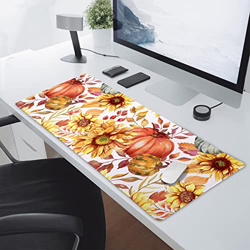 Image of Fall Pumpkin Sunflowers Mouse Pad XXL Watercolor Retro Autumn Leaves Floral Extended Desk Mat Non-Slip Rubber Base Stitched Edge Large Thanksgiving Mousepad for Gaming Laptop Computer 35.4x15.7 Inch
