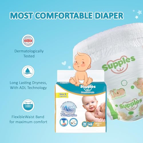 Image of Amazon Brand - Supples Premium Diaper Pants | for Newborn Babies | 36 Diapers | NB /XS | Up to 5 Kg | 12 Hrs Absorption | Cushiony Cotton Soft Fabric | Phthalates-Free | Triple Leak Guard