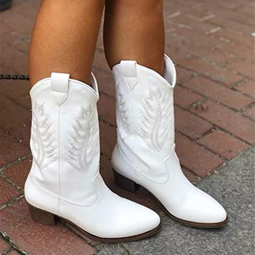 Hbeylia Women's Western Cowboy Boots Vintage Leather Round Toe Chunky Mid-Heels Wide Mid Calf Cowgirl Boots Retro Slip On Riding Short Boots Winter Shoes For Women Ladies Dress #TOP2