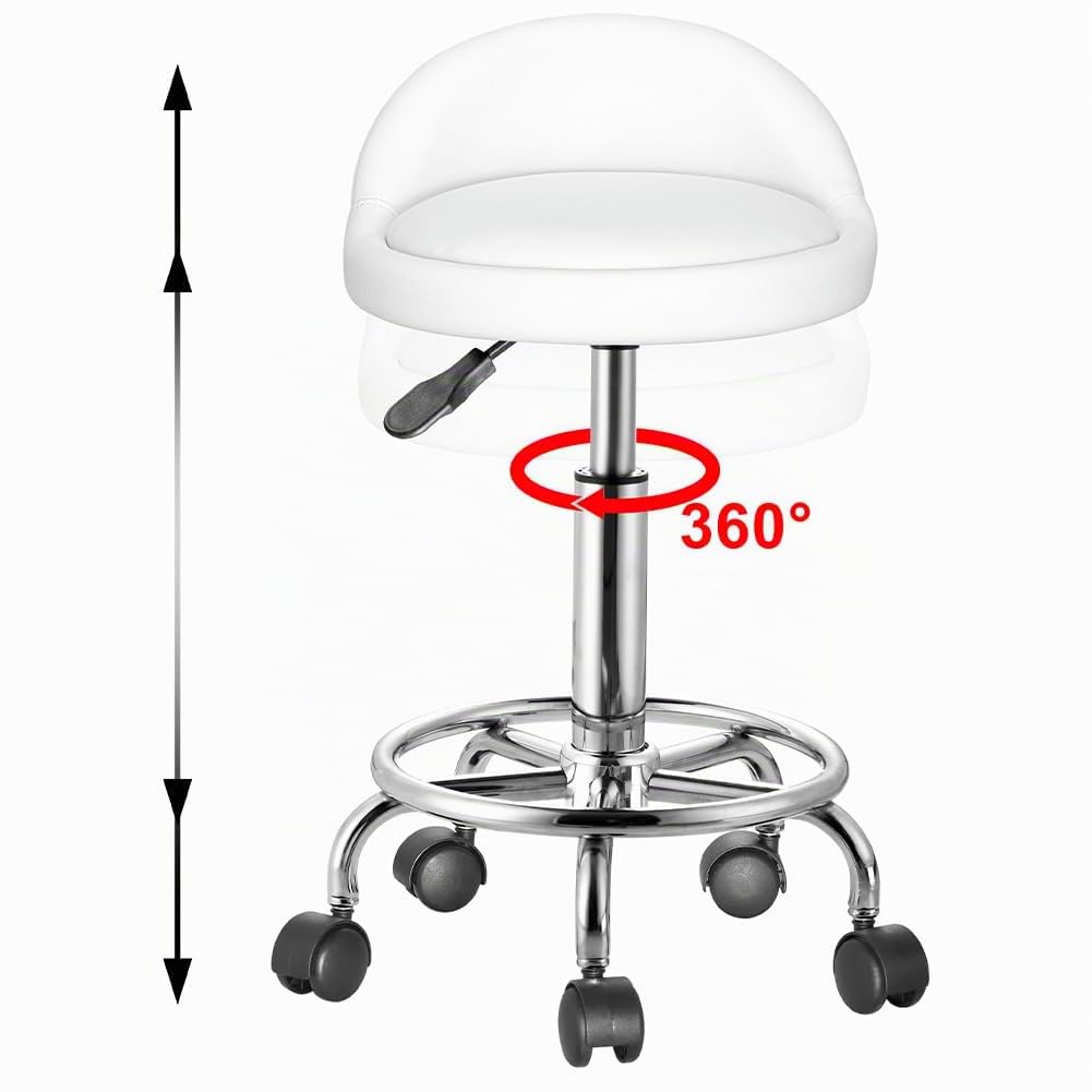 BAKAJI Taburete con Ruedas, Asiento Acolchado y Respaldo bajo de Piel sintética, Base con reposapiés de Acero Giratorio 360°, Altura Ajustable, Ideal para Esteticista, Cocina, restaurantes, (Blanco)