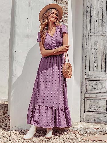 Image of PRETTYGARDEN Womens Dresses 2026 Summer Maxi Dress Boho Short Sleeve V Neck Swiss Dot Ruffle Tiered Smocked Flowy Long Dress