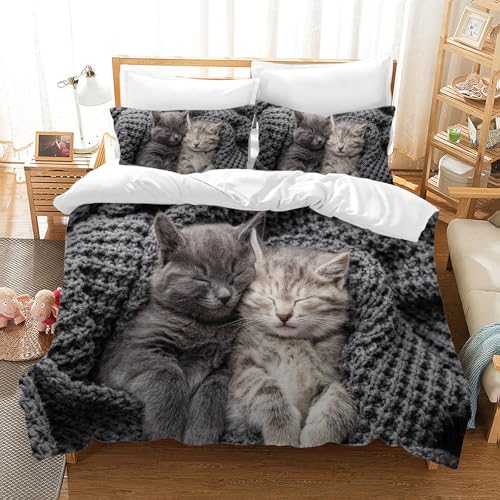 LLTTEER Housse de Couette Chat, Parure de Lit Imprimé Motif Mignon Chat avec 2 Taies d'oreiller,3D Animal de Compagnie Ensemble Housse de Couette pour Enfants...