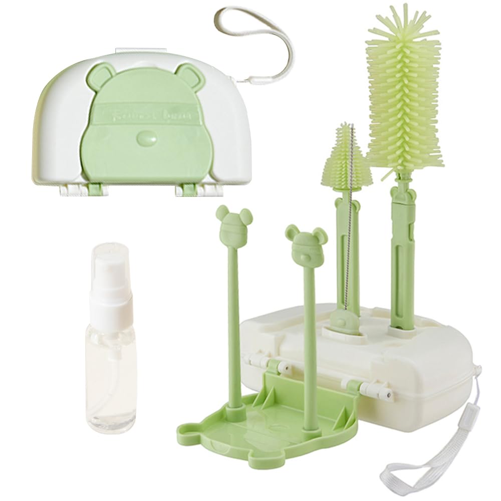Baby Bottle Drying Rack and Cleaning Set, 7 in 1 Bottle Cleaning Brush Set with Silicone Bottle Brush, Straw Brush, Nipple Brush, Soap Dispenser,