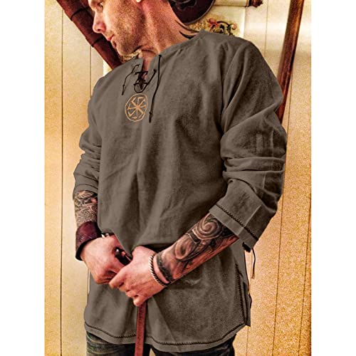 Mens Shirts Fashion Cotton Linen Henley Shirt Casual Hippie Beach Long Sleeve T Shirts - Image 3