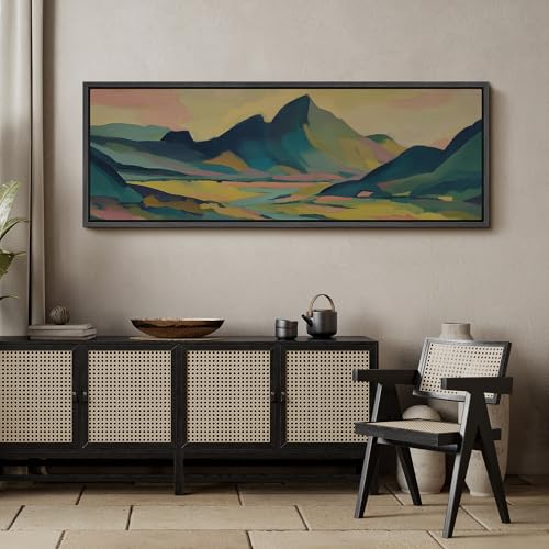 Image of MUDECOR Large Framed Canvas Print Wall Art Colorful Abstract Mountain Landscape Modern Antique Retro Ready to Hang Painting for Living Room Bedroom Multi-Sizes - 60 inchx20 inch