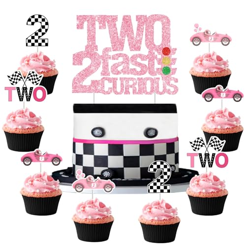 Two Fast Two Curious Birthday Decorations, 25Pcs Race Car Cake Topper Cupcake Toppers Pink for Girl 2nd Birthday Let’s Go Racing Party Supplies