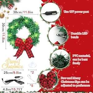 11.8" Christmas Car Wreath,Lighted Xmas Decoration for Car Front Grill,12V Plug-in Christmas Lighting Wreath with Bow for Trucks SUVs RVs 118 Christmas Car WreathLighted Xmas Decoration for Car Front Grill12V Plug in Christmas Lighting Wreath with Bow for Trucks SUVs RVs