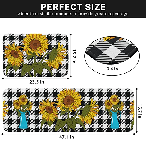Tayney Sunflower Kitchen Rugs And Mats Non Skid Washable Set Of 2, Black White Plaid Checkered Kitchen Mats For Floor, Farmhouse Yellow Flower Tall Blue Jug Under Sink Kitchen Runner Rug #TOP2