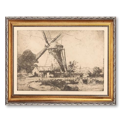 Vintage Framed Dutch Windmill Landscape Wall Art, Canvas Print Oil