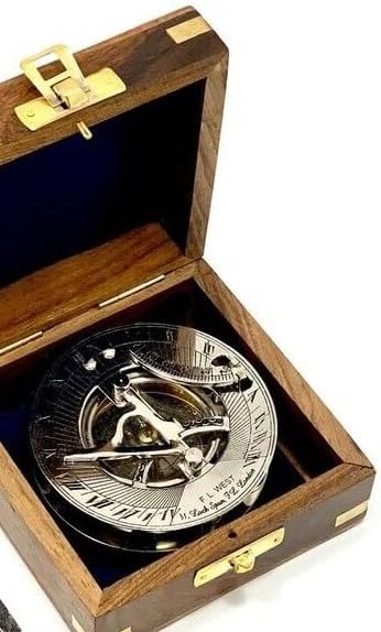 Victorian Sundial Compass Silver Nautical Retro Steampunk Hardwood Box Marine Gift for Item