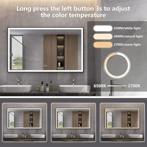 24"x 40" LED Bathroom Mirror with Black Frame, Stepless Dimmable, Anti-Fog, Shatter-Proof, Memory, 3 Colors, LED Vanity Mirror - Image 4