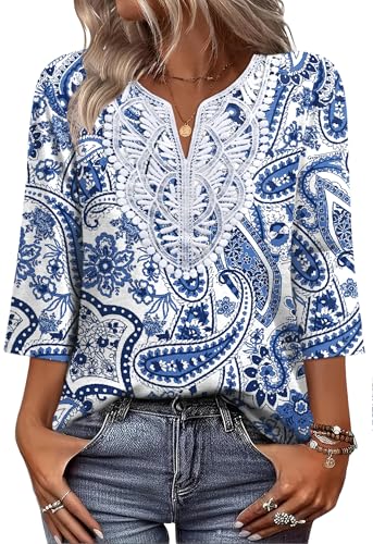 Image of WIHOLL 3 /4 Length Sleeve Womens Tops Boho V Neck Lace Shirt Trendy Blouses Dressy Casual Vacation Clothes S-3XL