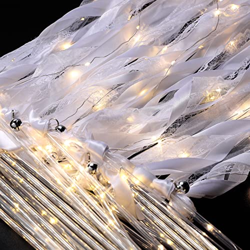 Unittype Wedding Wands Ribbon Streamers with Bells LED Fairy Light up Silk Fairy Wand Glow in The Dark Flashing Lace Stick for Wedding Birthday Party Favors (Ivory & Warm White LED,24 Pieces)