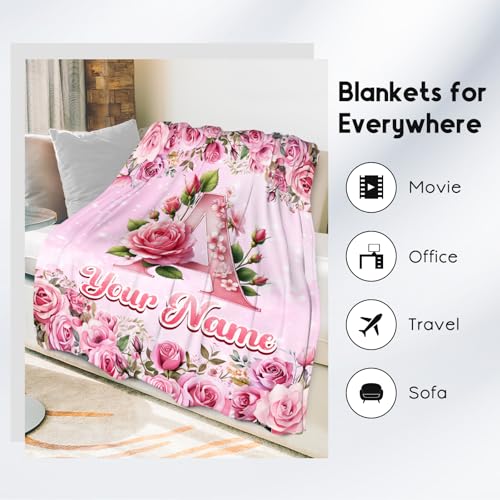 Personalized Flower Blanket - Custom Initial Blanket Gift for Kids - Customized Girls Gifts - Soft Cozy Throw Blankets for Living Room Sofa