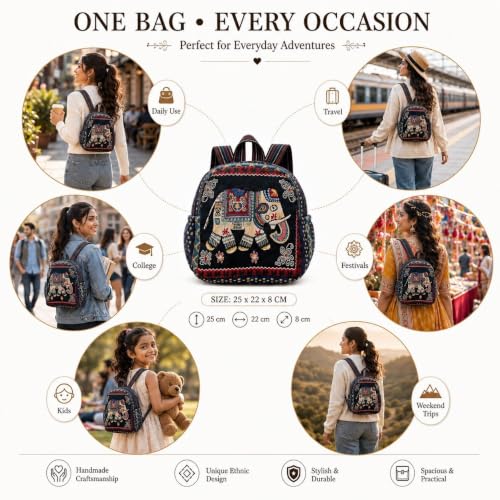 Image of Elephant Print Canvas Tote Bag for Women, Ethnic Shoulder Handbag with Multicolor Elephant Design, Dual Handle Everyday Carry Bag for Shopping, Office, College, Travel & Daily Use