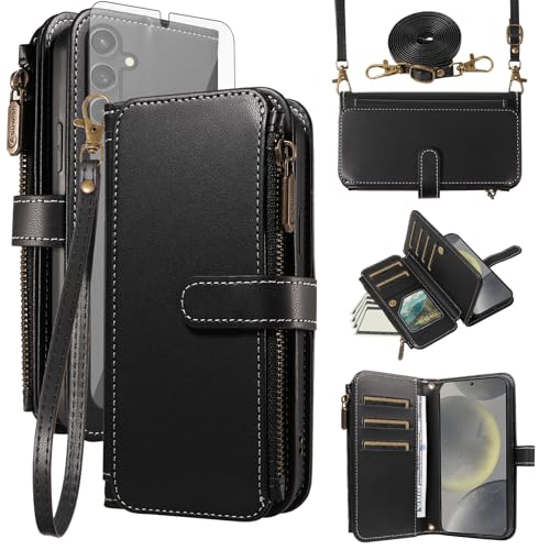 Asuwish Coque pour Samsung Galaxy S24/S25 5G Portefeuille avec Verre Trempé et Cordon Porte Carte Chaine PU Cuir à Clapet Étui Housse Support Galaxie S 24...
