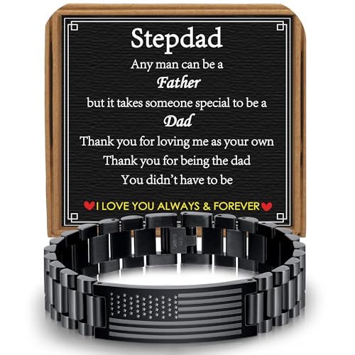 VULETO Stepdad Stepped up Step Dad Gifts, Stainless Steel American Flag Watch Link Bracelet Fathers Day Christmas Birthday Jewelry for Daddy Second Dad from Daughter Son