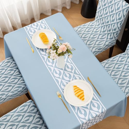 Image of HOMETHREADS Stretchable Elastic Jacquard Chair Seat Cover and Waterproof Dining Table Cover - Removable & Washable, Durable Seat Protector for Dining Room (Blue, 8Chairs+1Table Cover (150X250))