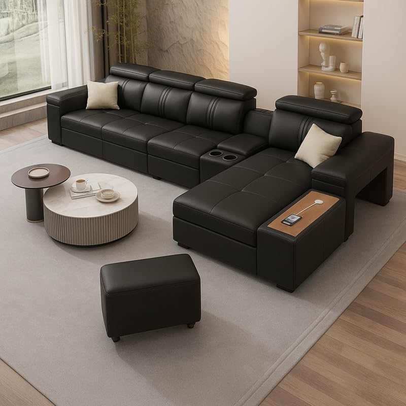 Image of Homax. Nimra Smart L-Shape 7-Seater Sectional Sofa Set with Console, Cup Holders, Charging Station & 2 Ottomans - Premium Leatherette Finish - Black Color Orientation LHS