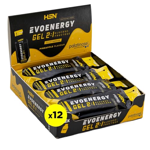 HSN Evonergy Gel Sin Cafeína | Piña - Caja 12 Unidades de 55ml | 30g Carbohidratos por Gel Relación 2:1 (Glucosa:Fructosa) | 100mg Sodio | Textura fluida | No-GMO, Vegano, Sin Gluten
