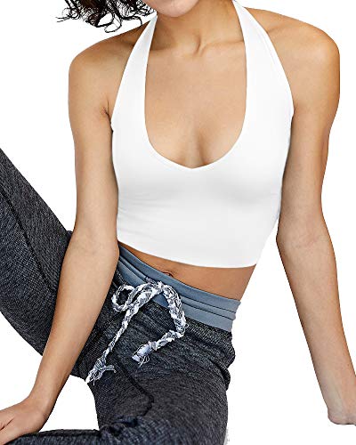 Clozoz Crop Tops For Women Halter Tops Going Out Tops V Neck Cropped Tank Tops For Women Sleeveless Backless Trendy Tops White #TOP2