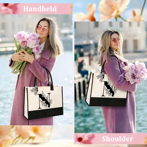 Image of Tecanne Personalized Initial Canvas Tote Bag, Suitable for Birthday, Wedding, Beach, Holiday, Gifts for Women, Mom, Teachers, Nurses, Best Friends, Bridesmaids (N)