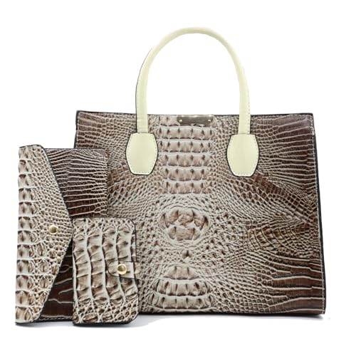 Bolsa feminina de couro sintético envernizado com alça superior, bolsa tiracolo de ombro com estampa de crocodilo, conjunto de 3 peças, Caqui