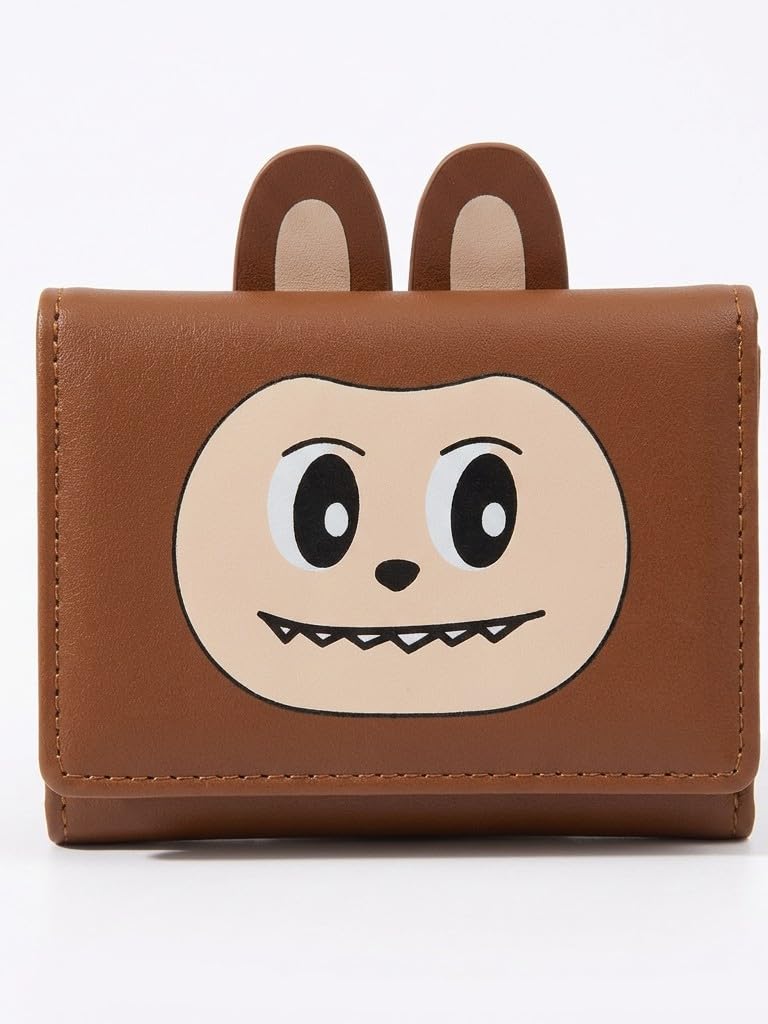 Women's Cute Bunny Ear Monster Face Trifold Wallet | PU Leather Card Holder with Winking Cartoon Design | Snap Button Closure Mini Purse | 6 Card Slots, ID Window & Coin Pocket. (Brown)-image-46