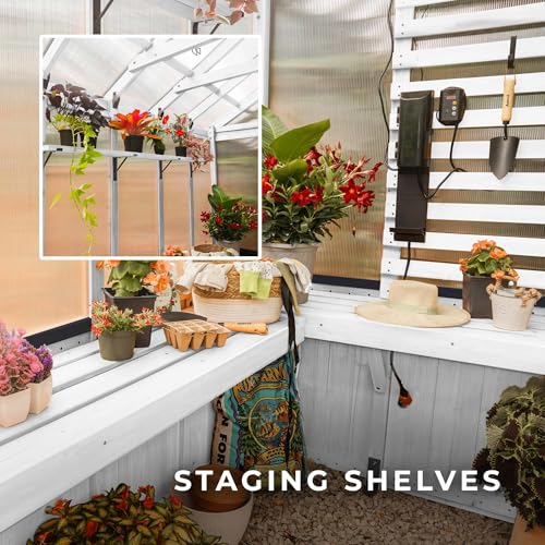 Backyard Discovery Bellerose 9' x 6' White Cedar Wood and Polycarbonate Walk-in Greenhouse Kit with Pergola, Exhaust Fan, Window, Hose Hook-Ups, PowerPort, Staging Shelves for Outdoor Gardening - image 8