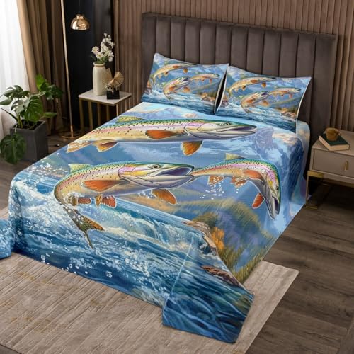 Erosebridal Fishing Theme Twin Quilt,Big Pike Bass Fish Bedding Set for Kids Boys Girls,Rustic Mountain Quilts Bed Set,Lake House Country Coverlet Bedroom Decor with 1 Pillowsham