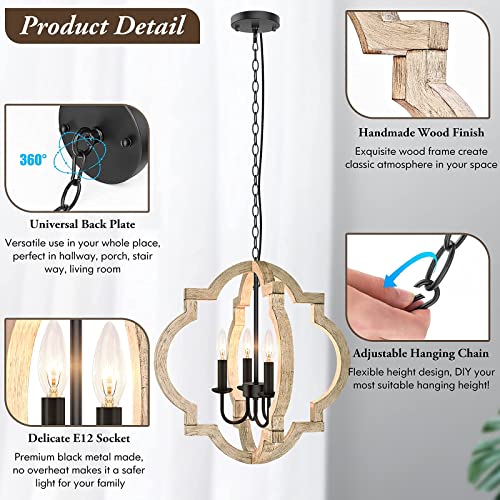 4-Light Farmhouse Orb Chandeliers, 21.6’’ Adjustable Wood Hanging Ceiling Light Fixtures, Rustic Pendant Chandeliers For Foyer Dining Room Kitchen Island Hallway #TOP5