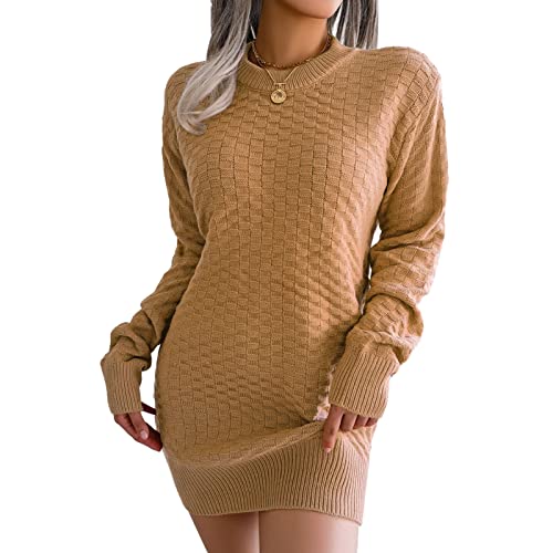 Pulôver Bodycon Vestido de Malha, Vestido Suéter Feminino Cor Pura Manga Comprida Elegante Padrão Xa