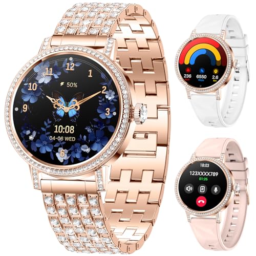 Smart Watches for Women with Diamonds，Bluetooth Calls(Answer&Make)，1.27" HD Screen Smart Watch，Sleep/Heart Rate，Smartwatch Compatible with Android & iOS , Multiple Sports Modes Fitness Tracker