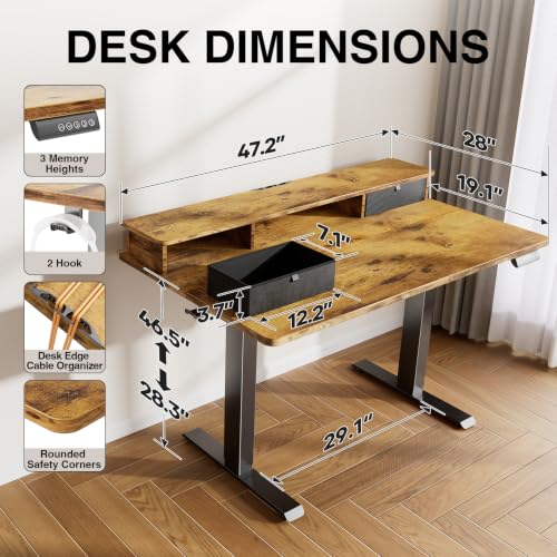 Image of Veken 47x28 in Electric Standing Desk with Drawers, Adjustable Table, Brown | Stand up Computer Desk for Home Office, Work & Study, with Storage, 3 Memory Presets, Cable Organizer, Hook, and Quiet Lift.