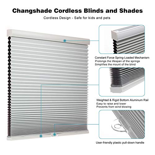 Changshade Cordless Blackout Cellular Shade, Tools-Free Honeycomb Shade For Bedroom, Kitchen, Children Room, Bathroom, Room Darkening Pleated Window Shade, 33 Inches Wide, Grey Cel33Gy72A #TOP2
