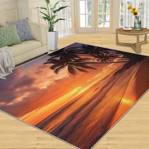 Beach Theme Rug - 5x6 Rug, Sunset Palm Trees Area Rugs for Bedroom, Burnt Orange Carpet, Washable Easy Clean Low Pile Area Rugs for Living Room, Sea Sunset Room Home Decor & Gifts