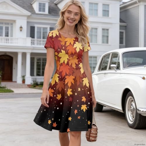 Image of HUGS IDEA Womens Puffy Swing Midi Dress Round Neck Short Sleeve Party A-Line Dresses