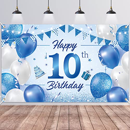 10th Birthday Backdrop Banner,BTZO Happy 10th Birthday Decorations,Blue White Fabric Photo Backdrop Background for Boys and Girls 10th Birthday Party,180110cm